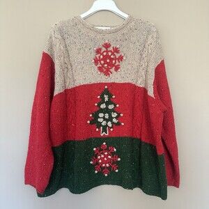 Vintage Embroidered Christmas Sweater Women XL 3D Cable Knit Country Cottage